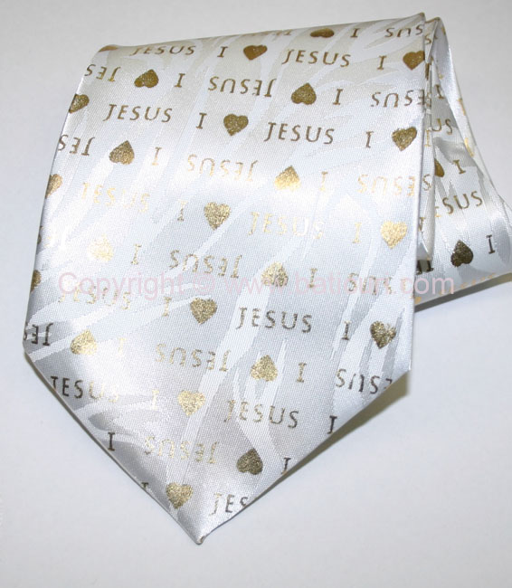 I love Jesus Tie-White/gold heart