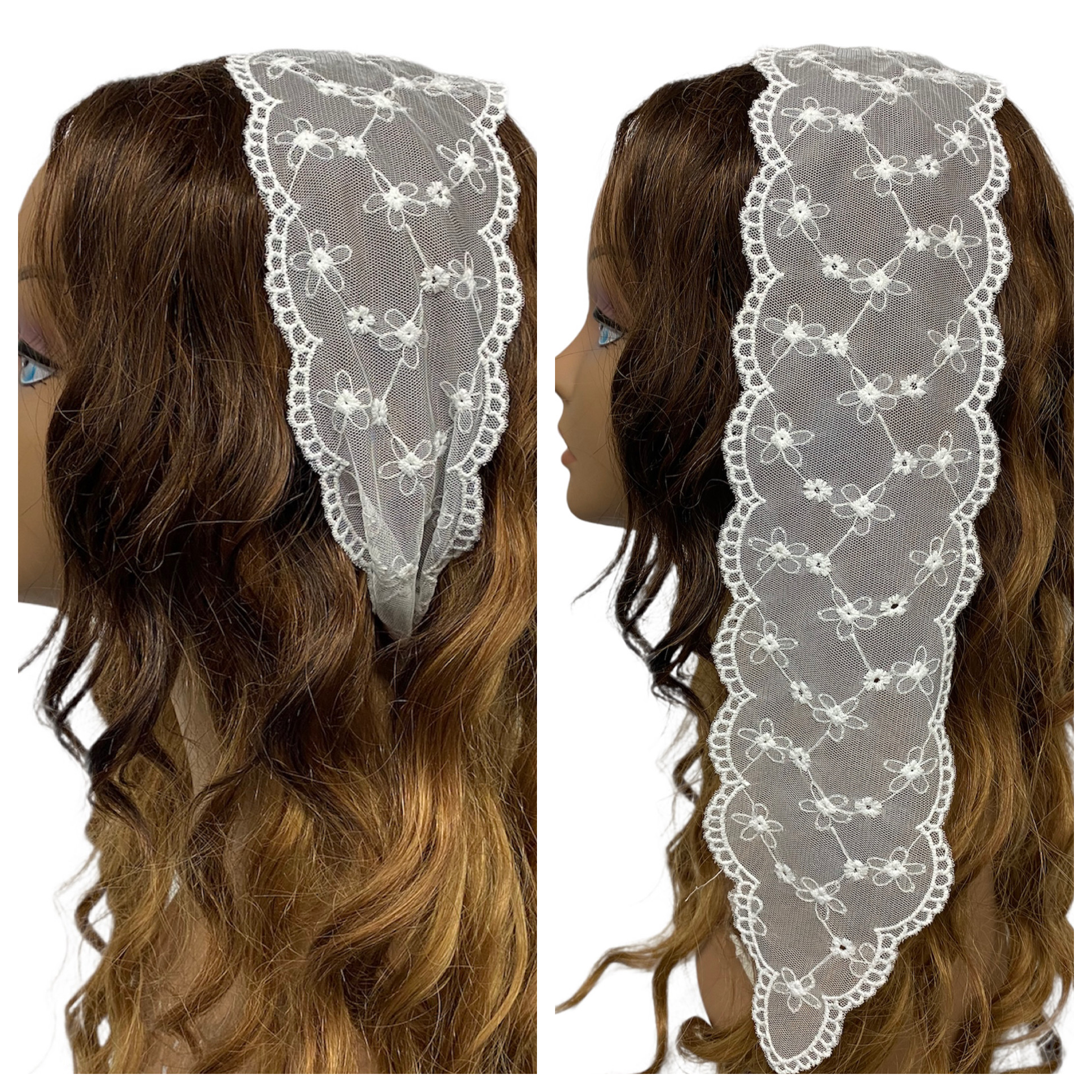New OB Skinny Lace Floral Embroidered Headband Scarf-White
