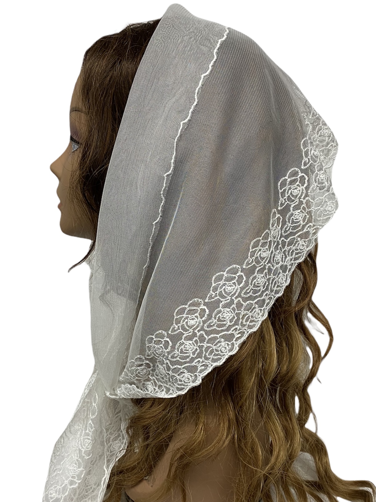 80-01 New OB Wide Lace Embroidered Rose Border Scarf-White