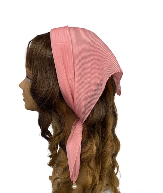 92-97 Polyester Long Pleated Pearl Detail Scarf- Pink